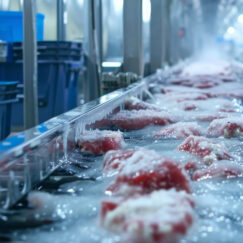 A conveyor belt in a frozen food plant, with products being flash-frozen and packed for long-term storage.